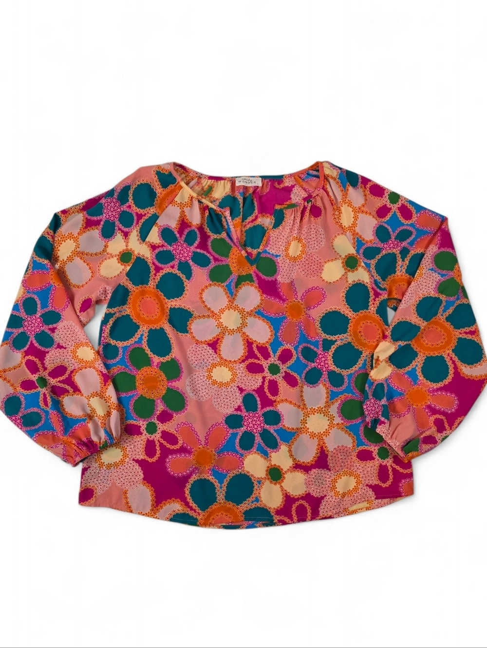 Emily Wonder Floral Boho Blouse Pink Retro Flower Top L Flowy Vacation Resort